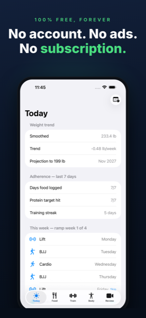 FitDIY Today screen — calories, protein, and weight trend at a glance. Caption: No account. No ads. No subscription.