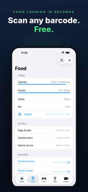 Food tab — barcode scanning and daily macro targets. Caption: Scan any barcode. Free.