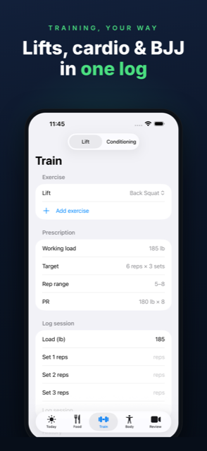 Train tab — lifts, cardio, and BJJ sessions in one log. Caption: Lifts, cardio and BJJ in one log.